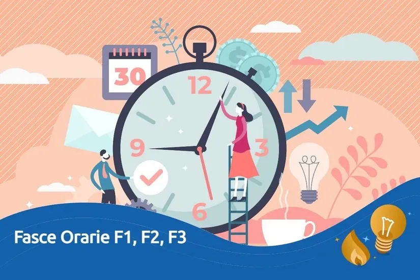 Orologio e contatore elettrico, illustrazione delle fasce orarie F1 F2 F3 della bolletta luce
