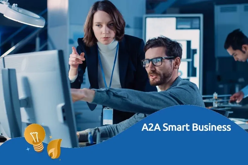Ufficio illuminato con icone digitali, simbolo dell'offerta A2A Smart Business per partita IVA