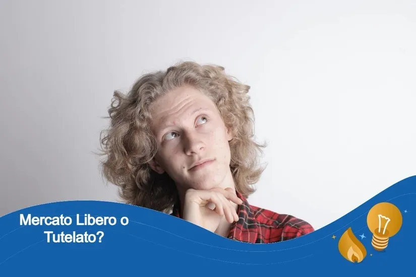 Bolletta della luce e simbolo dell'euro su sfondo blu, scelta tra mercato libero e tutelato