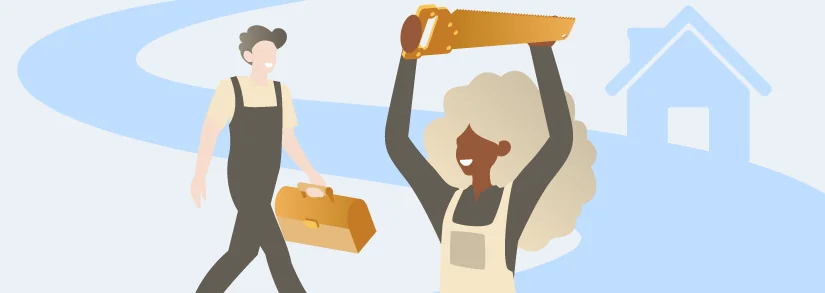 Cantiere di ristrutturazione domestica con operai al lavoro e contratto in primo piano: simbolo del bonus edilizio