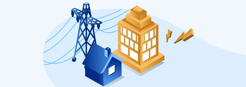 Schema della rete elettrica con linee ad alta, media e bassa tensione collegate dalle centrali alle case