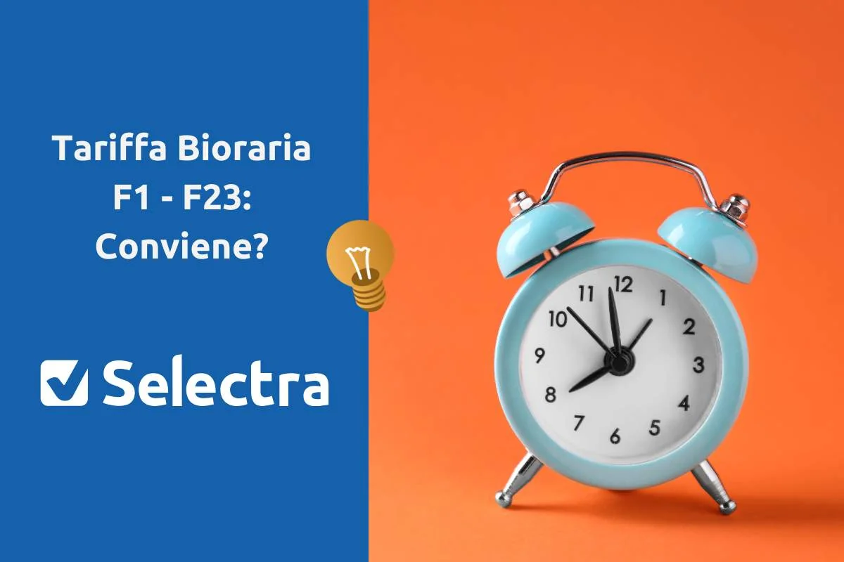 Orologio domestico e bolletta luce con fasce orarie F1 e F23, simbolo della tariffa bioraria